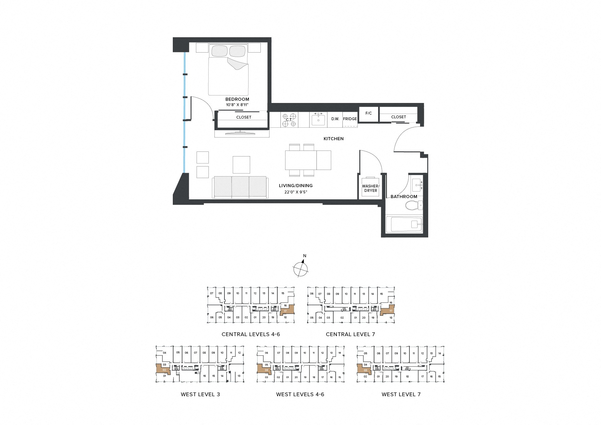 Floor plan for 1 bed, 1 bath, 534 sqft