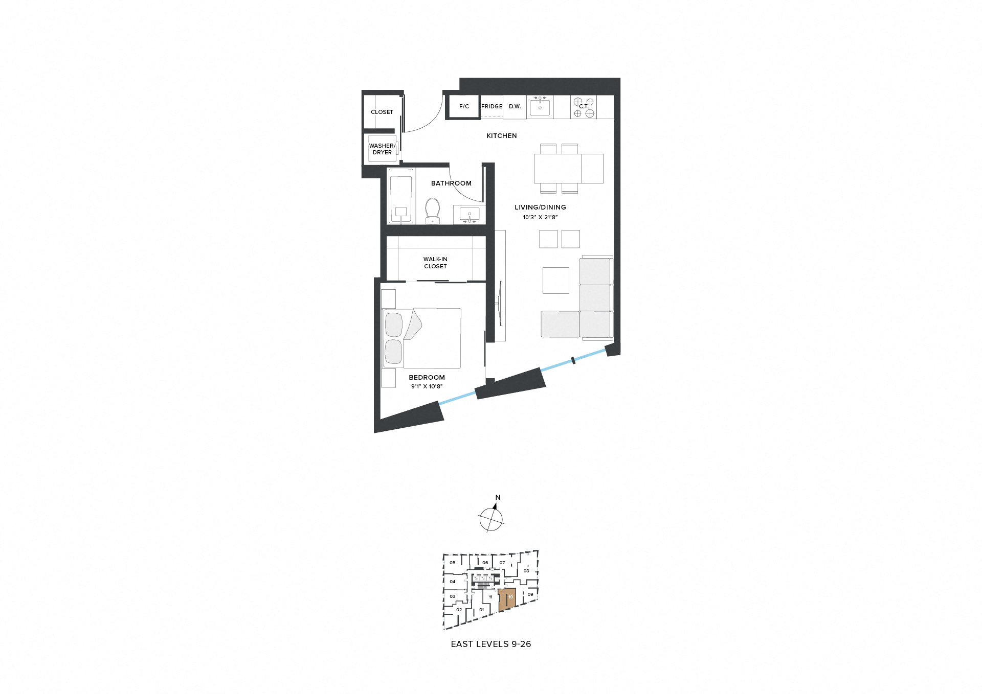 Floor plan for 1 bed, 1 bath, 556 sqft