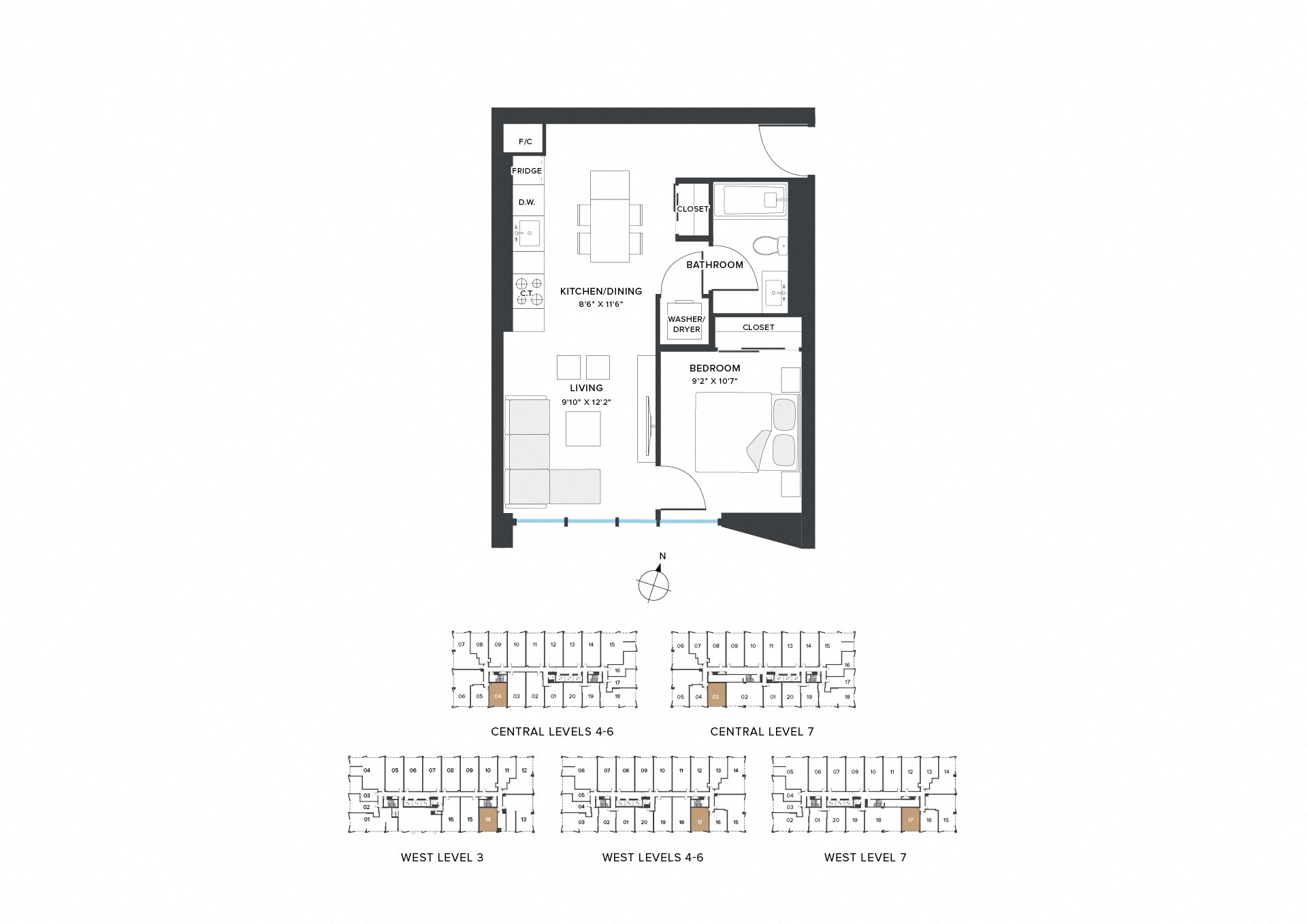 Floor plan for 1 bed, 1 bath, 562 sqft