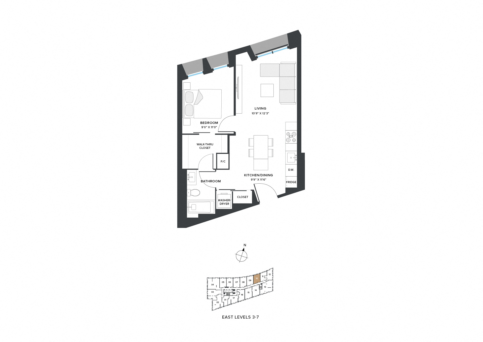 Floor plan for 1 bed, 1 bath, 569 sqft
