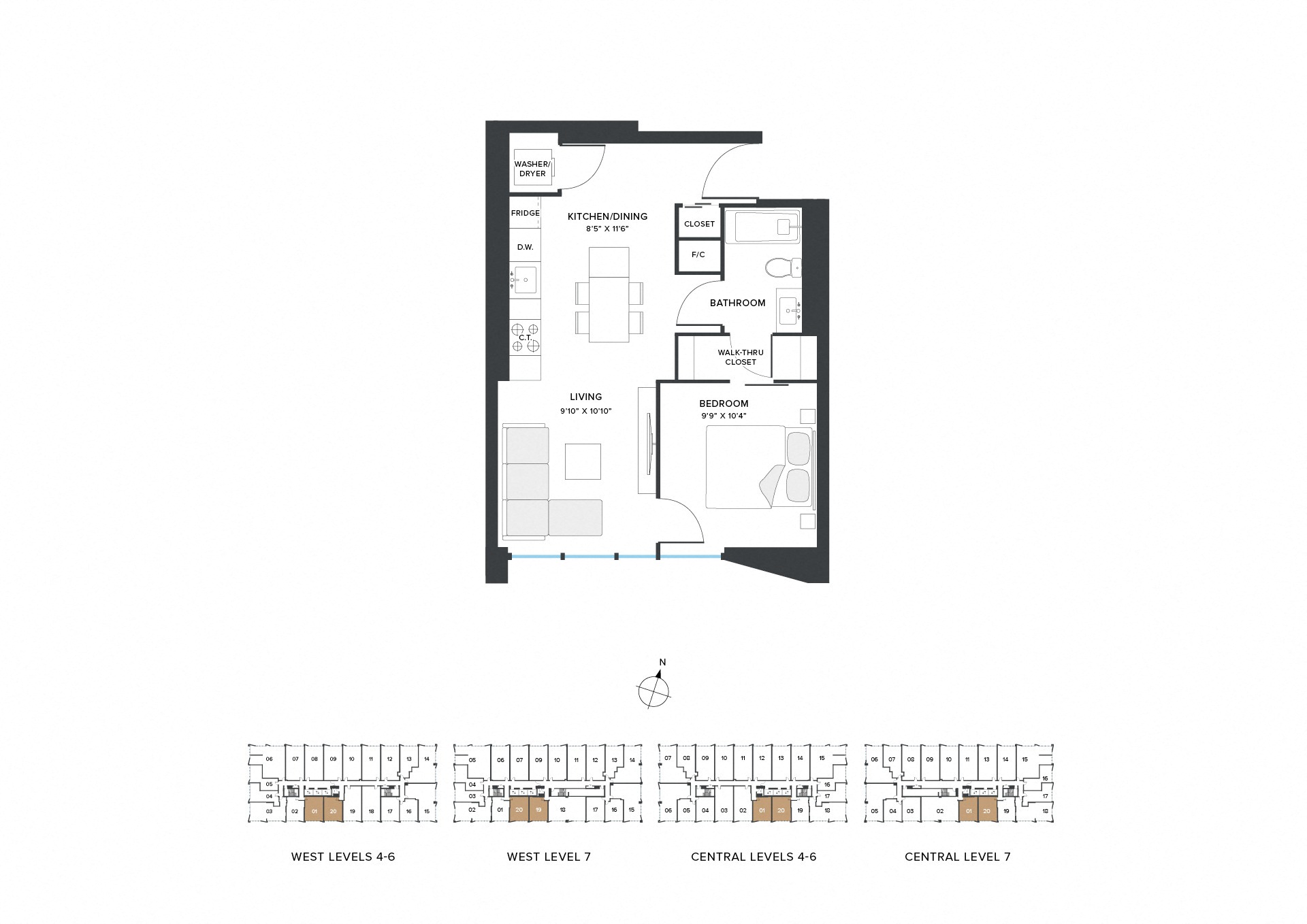 Floor plan for 1 bed, 1 bath, 582 sqft