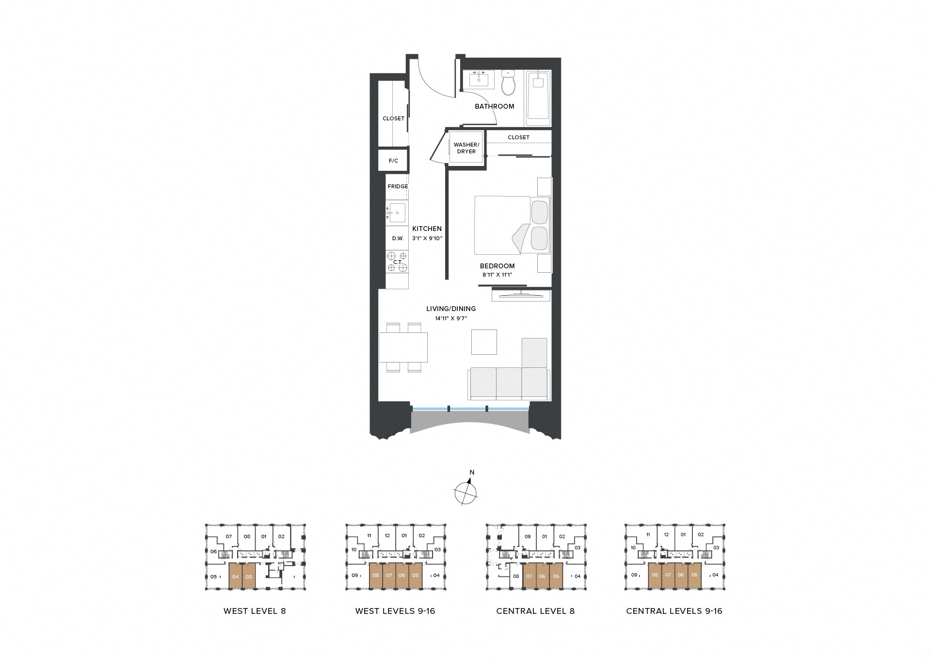 Floor plan for 1 bed, 1 bath, 483 sqft