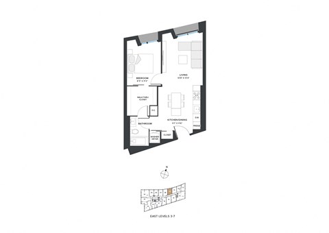 Floor plan for 1 bed, 1 bath, 596 sqft