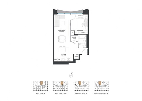 Floor plan for 1 bed, 1 bath, 608 sqft