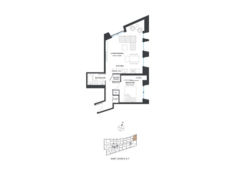 Floor plan for 1 bed, 1 bath, 668 sqft