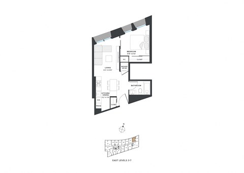 Floor plan for 1 bed, 1 bath, 511 sqft