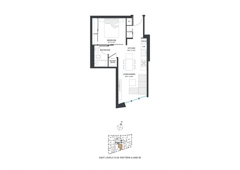 Floor plan for 1 bed, 1 bath, 513 sqft