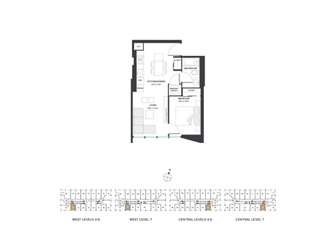 Floor plan for 1 bed, 1 bath, 516 sqft