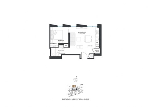 Floor plan for 1 bed, 1 bath, 525 sqft
