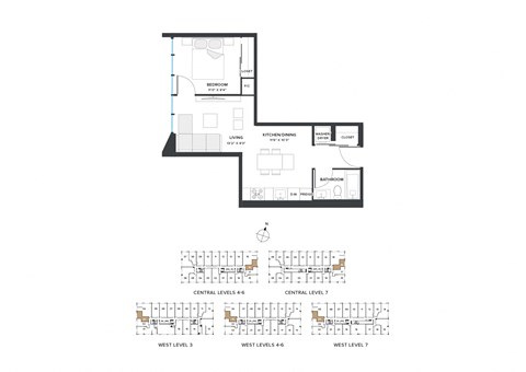 Floor plan for 1 bed, 1 bath, 527 sqft
