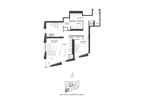 Floor plan for 2 beds, 2 baths, 870 sqft