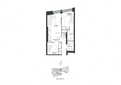 Floor plan for 2 beds, 2 baths, 672 sqft