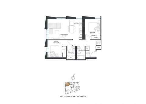Floor plan for 2 beds, 2 baths, 784 sqft