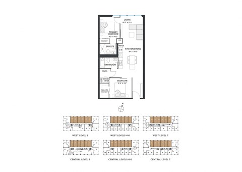 Floor plan for 2 beds, 2 baths, 807 sqft