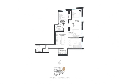Floor plan for 3 beds, 2 baths, 1005 sqft