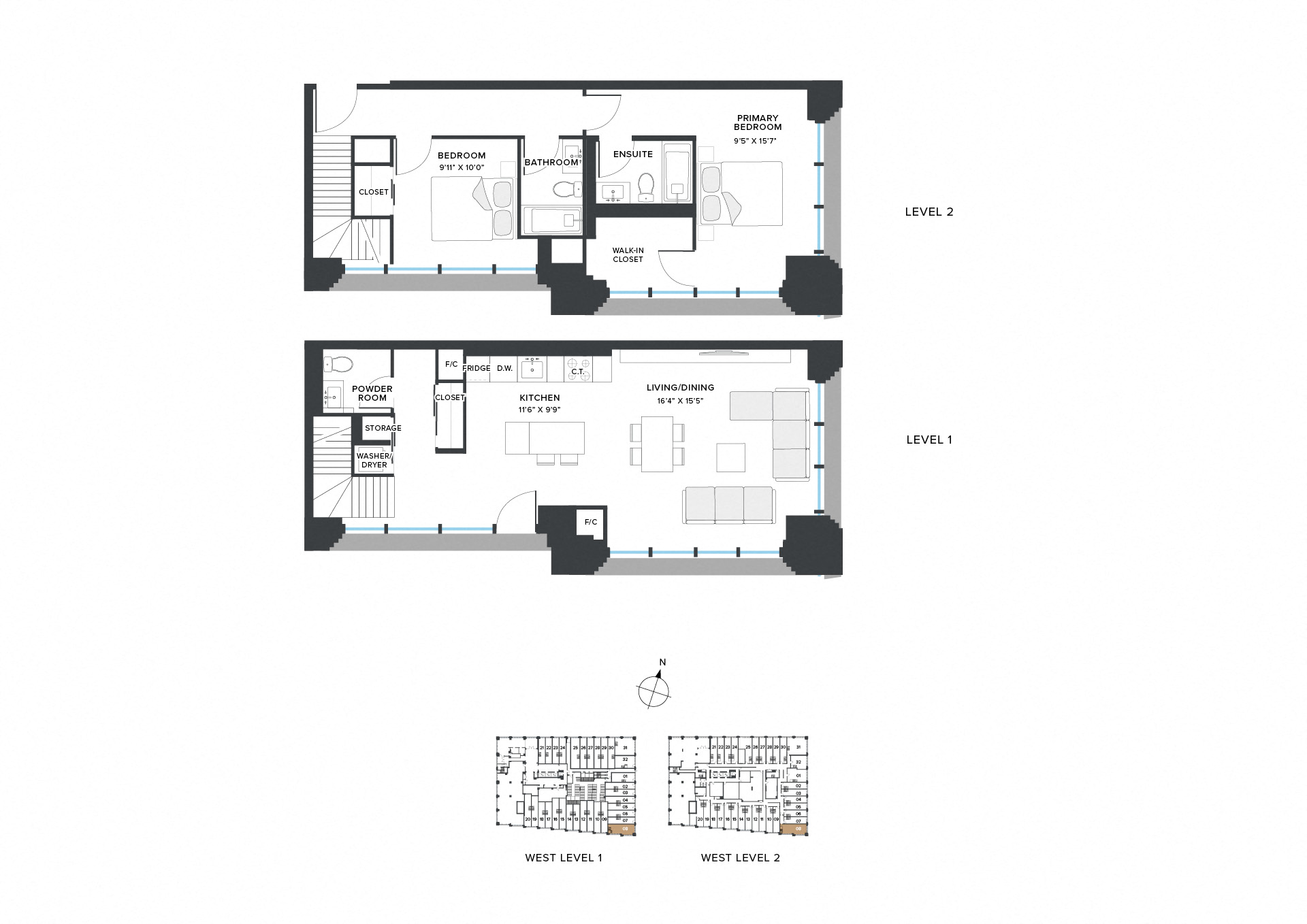 Floor plan for 2 beds, 2.5 baths, 1333 sqft