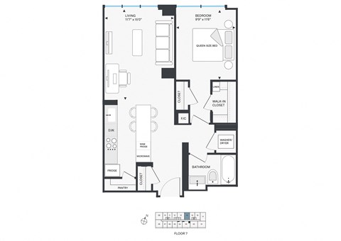 Floor plan for 1 bed, 1 bath, 721 sqft