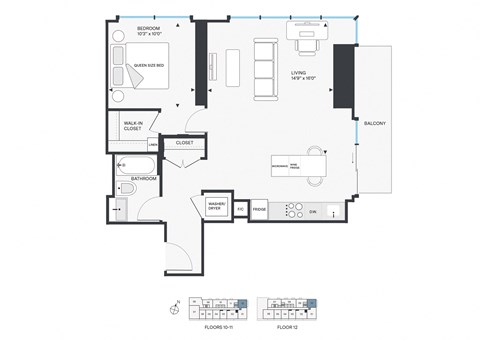 Floor plan for 1 bed, 1 bath, 767 sqft