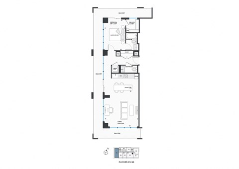 Floor plan for 1 bed, 1.5 baths, 856 sqft
