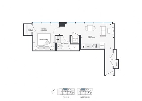 Floor plan for 1 bed, 1 bath, 495 sqft
