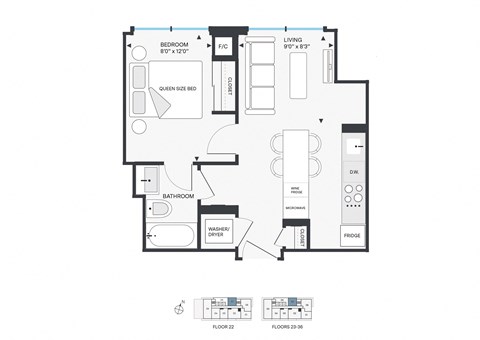 Floor plan for 1 bed, 1 bath, 538 sqft