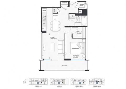 Floor plan for 1 bed, 1 bath, 615 sqft