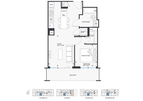 Floor plan for 1 bed, 1 bath, 602 sqft