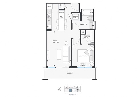 Floor plan for 1 bed, 1 bath, 602 sqft