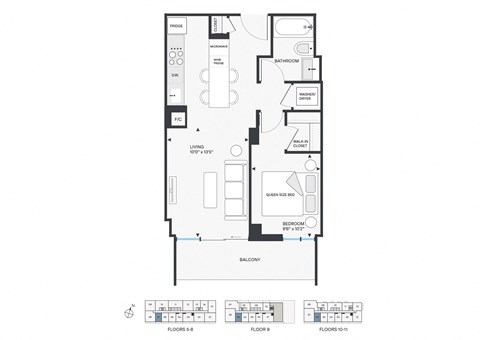 Floor plan for 1 bed, 1 bath, 545 sqft