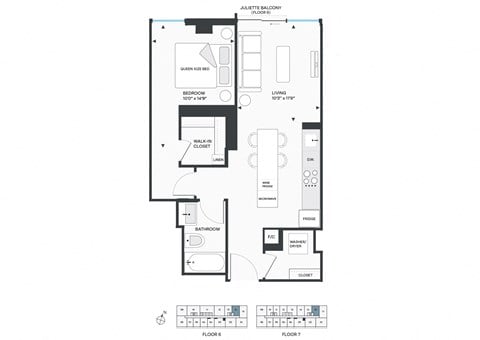 Floor plan for 1 bed, 1 bath, 662 sqft