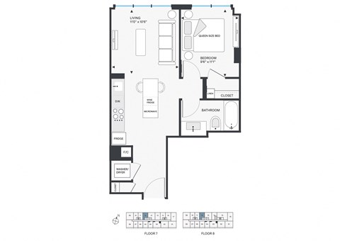 Floor plan for 1 bed, 1 bath, 608 sqft
