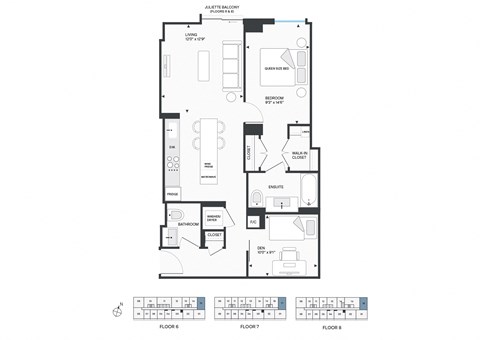 Floor plan for 1 bed, 1.5 baths, 931 sqft