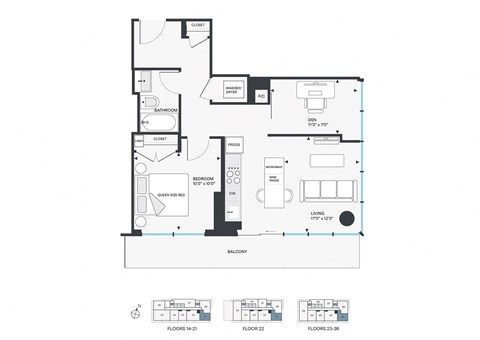 Floor plan for 1 bed, 1 bath, 708 sqft