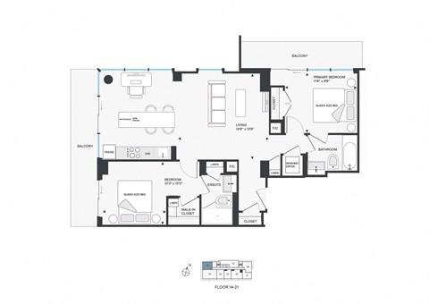 Floor plan for 2 beds, 2 baths, 995 sqft