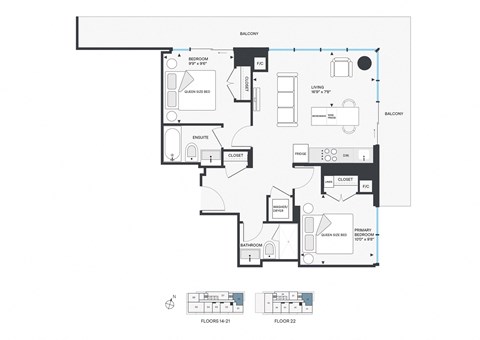 Floor plan for 2 beds, 2 baths, 821 sqft