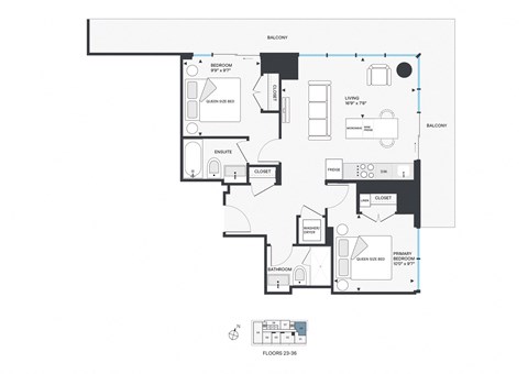 Floor plan for 2 beds, 2 baths, 821 sqft