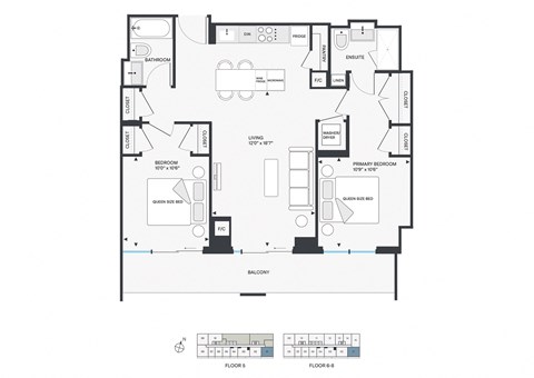 Floor plan for 2 beds, 2 baths, 930 sqft