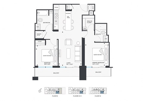 Floor plan for 2 beds, 2 baths, 875 sqft