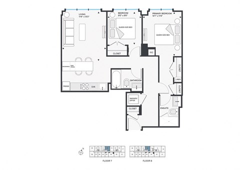 Floor plan for 2 beds, 2 baths, 846 sqft
