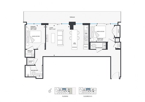 Floor plan for 2 beds, 2 baths, 877 sqft