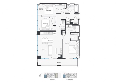Floor plan for 3 beds, 2.5 baths, 1238 sqft