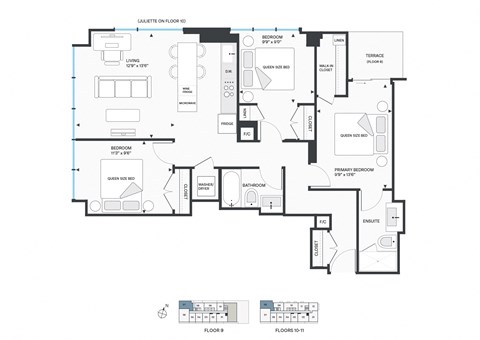 Floor plan for 3 beds, 2 baths, 1093 sqft