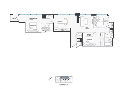 Floor plan for 3 beds, 2 baths, 1108 sqft