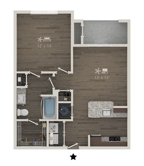 Floor plan for 1 bed, 1 bath, 752 sqft