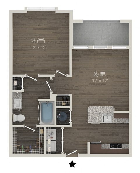 Floor plan for 1 bed, 1 bath, 752 sqft