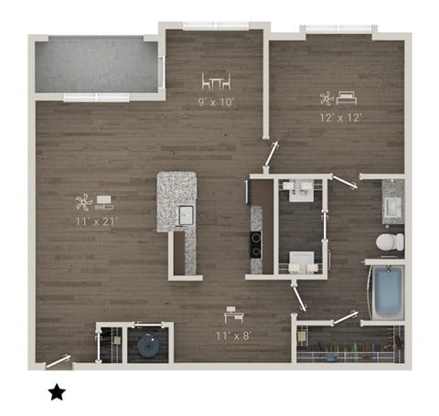 Floor plan for 1 bed, 1 bath, 1169 sqft
