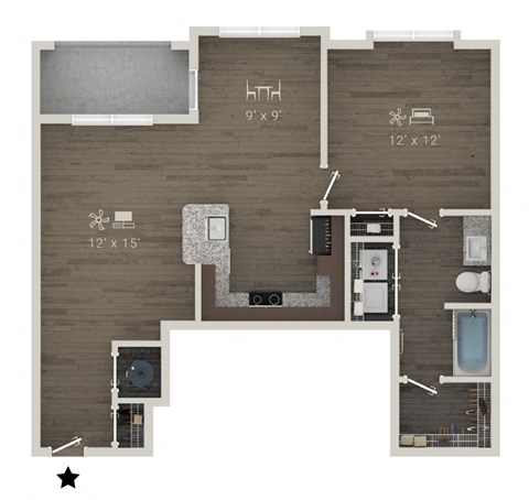 Floor plan for 1 bed, 1 bath, 852 sqft