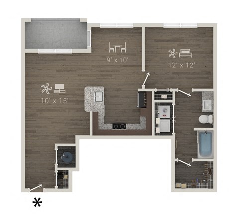 Floor plan for 1 bed, 1 bath, 836 sqft