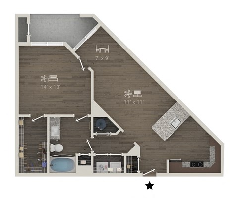 Floor plan for 1 bed, 1 bath, 815 sqft
