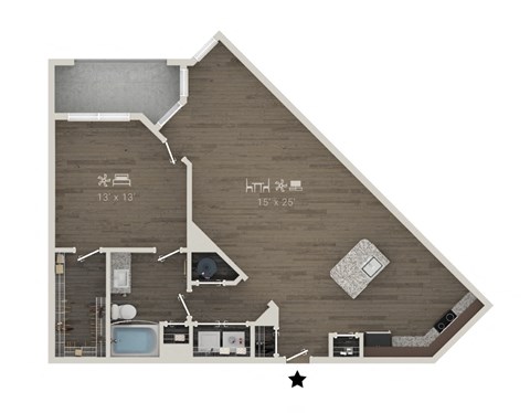 Floor plan for 1 bed, 1 bath, 985 sqft